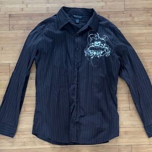 Montage Collection  Brown Pinstripe Shirt with White Graphic